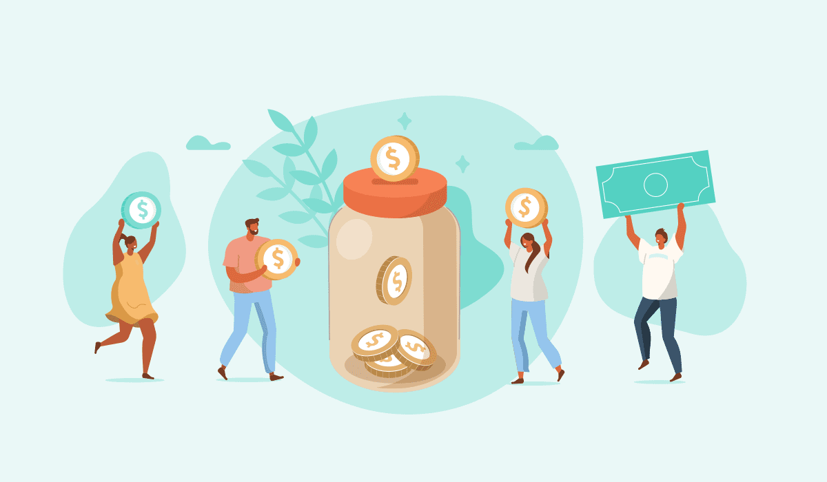 Illustration of four people putting money into a jar